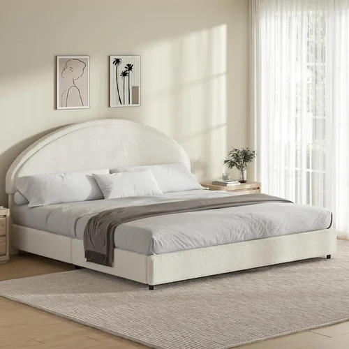 Miniatura 12 de REVOMINCA Base de cama de tamaño matrimonial, marco de cama tapizado Boucle con cabecero, estilo moderno, cama de plataforma suave con cabecera Gris
