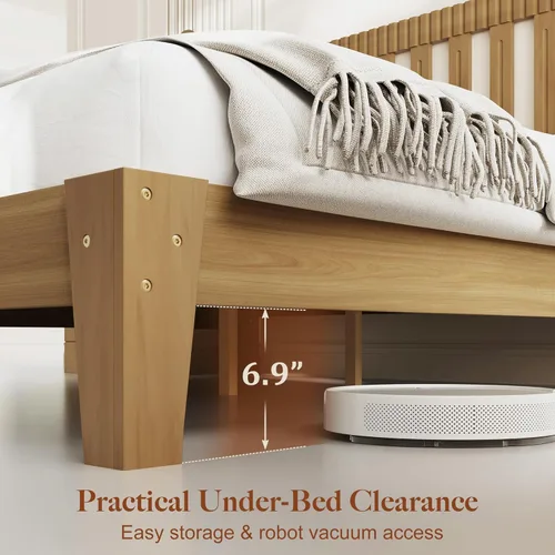Miniatura 6 de Base de cama tamaño Queen con cabecero, marco de cama de madera moderna de mediados de siglo con cabecero acanalado y alas curvas, sin ruido,