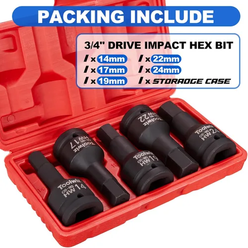 Miniatura 6 de Toolwiz Juego de brocas hexagonales de impacto de 3/4 de pulgada, 5 piezas métricas 0.551 in-0.945 in, acero Cr-Mo, construcción de una pieza, juego