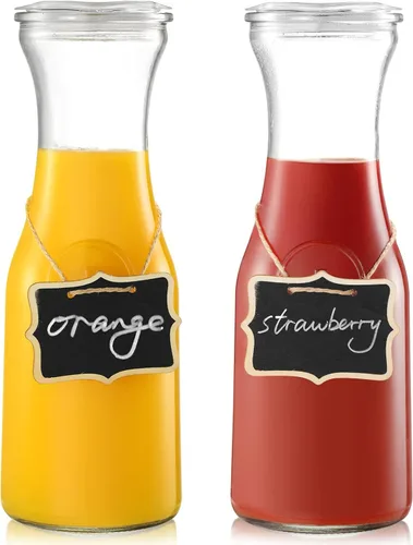 Juego de 2 jarras de vidrio con tapas, jarra de agua de 1 litro para barra de mimosa, brunch, agua fría, bebidas, vino, té helado, limonada, 2