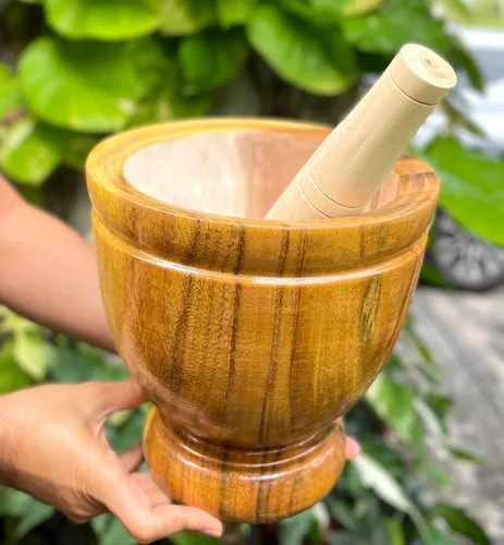 Miniatura 4 de Mortero de madera de Tailandia con molienda de mortero, Krok de madera para ensalada de papaya, mezclador Somtum, utensilios de cocina, alimentos