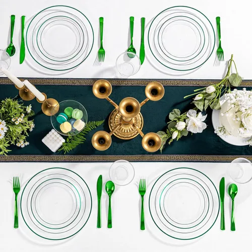 Miniatura 6 de I00000 - Juego de vajilla de plástico verde de 210 piezas para 30 invitados Incluye: 30 platos de cena transparentes de plástico verde, 30 platos