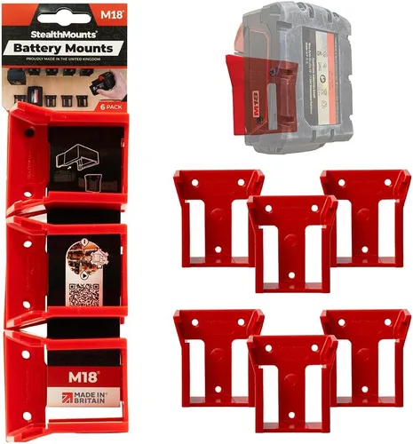 StealthMounts Soporte de batería compatible con Milwaukee M18 (paquete de 6) - Rojo | Soportes de batería StealthMounts | Fabricado en el Reino Unido