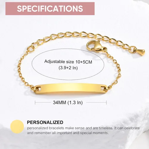 Miniatura 101 de Pulsera de barra para bebé: chapado en oro de 18 quilates, pulsera con placa de identificación personalizada para niños pequeños de mamá, nombre