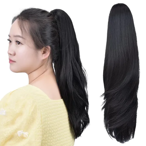 Miniatura 30 de Extensión de cola de caballo negra con clip de garra, ondulada, 10 pulgadas, 3.5 onzas, sintético, como verdaderos, postizos, para mujer, Yaki