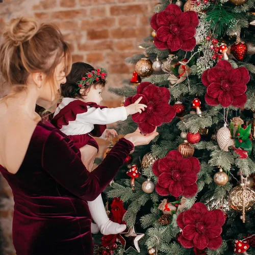 Miniatura 4 de 12 piezas de flores de pascua de Navidad grandes de terciopelo con cabezas grandes de flores de magnolia artificiales con purpurina para decoración
