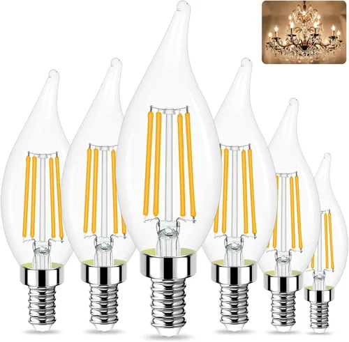 Miniatura 12 de Bombilla LED E12 regulable equivalente a 60 W, blanco suave 2700K, 500 lúmenes, bombillas LED de candelabro de 4 W, bombillas CA10 con punta