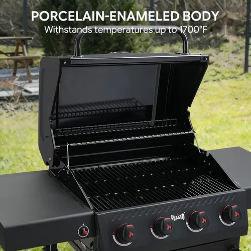 Miniatura 5 de Feasto Parrilla de barbacoa de gas de 4 quemadores con mesas laterales, parrilla de propano para exteriores de 36,000 BTU con cuerpo de cámara
