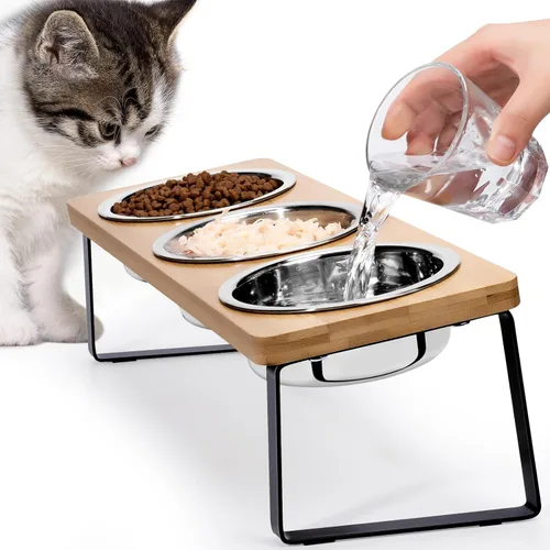 Tazones elevados para alimentos y agua para gatos – Comedero elevado de acero inoxidable con 3 cuencos inclinados de 15°, con soporte de bambú y