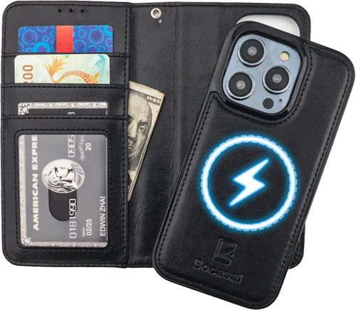 Miniatura 21 de Bocasal Funda tipo cartera desmontable para iPhone 14 Pro con bloqueo RFID, ranuras para tarjetas, soporte magnético de piel sintética de alta Negro