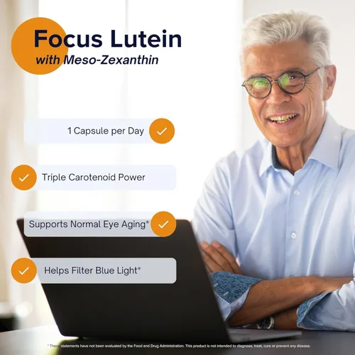 Miniatura 3 de Focus Luteína para ojos con meso-zeaxantina, suplemento vitamínico para los ojos, 120 unidades, suministro para 120 días, soporte diario de visión