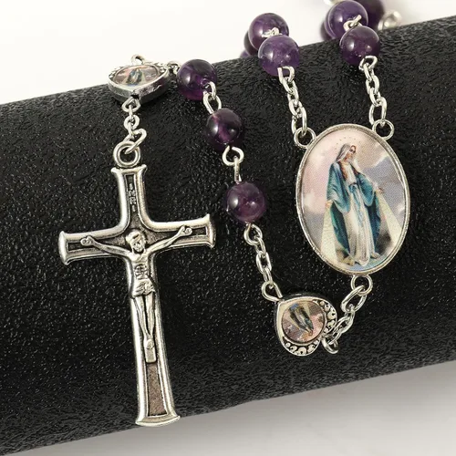 Miniatura 5 de Nazareth Store Cuentas de piedra natural con corazón de epoxi milagroso, cuentas de metal, collar de rosario, regalos cristianos de piedras preciosas