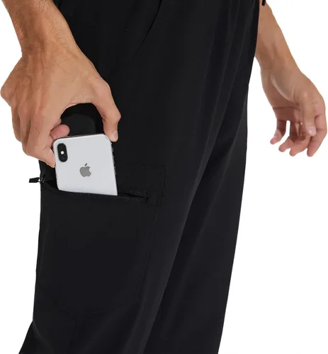 Miniatura 6 de COZYFIT Conjunto de ropa quirúrgica para hombre camiseta elástica con cuello en V y pantalón deportivo con 8 bolsillos, cintura de yoga, ropa