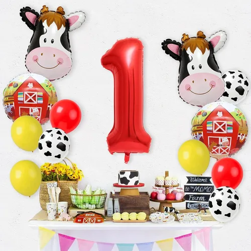 Miniatura 3 de Globos de vaca para decoración de fiesta de cumpleaños de animales de granja, suministros de globos de granero con globo grande número 1