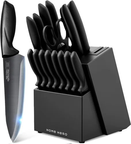 Miniatura 8 de Home Hero Juego de cuchillos de cocina de acero inoxidable de alto carbono, cuchillos de chef y afilador de dos etapas, mango ergonómico y corte
