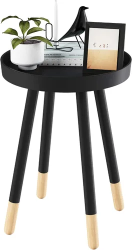 Miniatura 7 de Lavish Home - Mesa auxiliar redonda, soporte moderno de madera de mediados de siglo de 2 tonos con bandeja superior para guardar bebidas