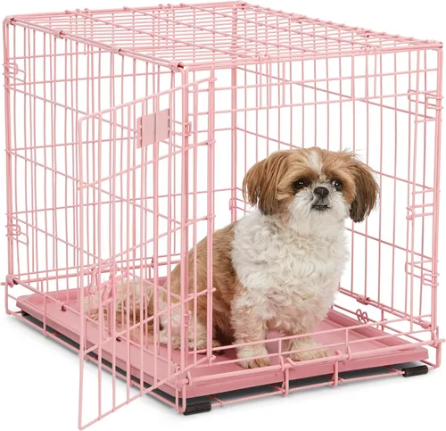 MidWest Homes for Pets Jaula plegable para perros iCrate de una sola puerta rosa de moda de 24 pulgadas, seguridad mejorada, incluye bandeja a