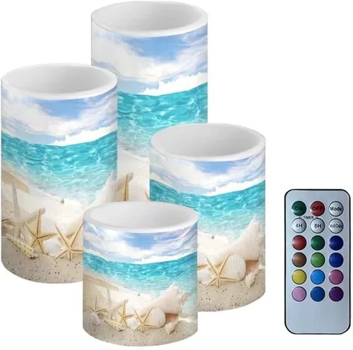 Miniatura 15 de Velas LED parpadeantes operadas por batería, juego de 4 con control remoto y temporizador, velas de llama danzante, velas de pilar para mesa, Playa