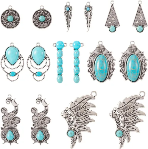 16 dijes occidentales de 8 estilos para hacer joyas, dijes vintage de turquesa de plata antigua, estilo tibetano, para mujeres y hombres, aretes