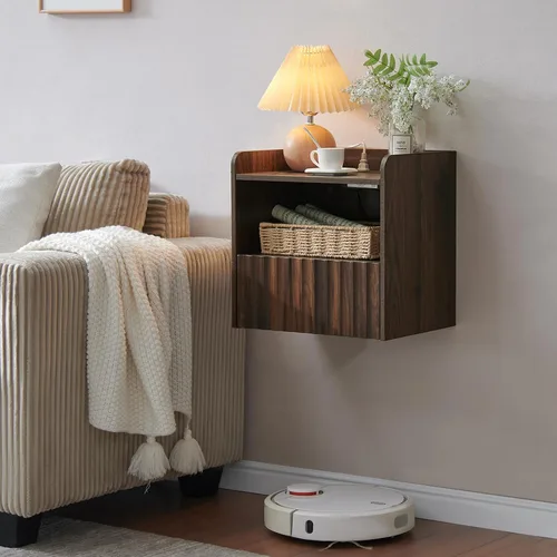 Miniatura 16 de BuildHom Moderna mesita de noche flotante acanalada montada en la pared, juego de 2 mesitas de noche con cajón de almacenamiento y estante