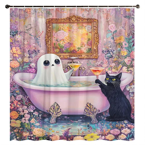 Miniatura 6 de Divertida cortina de ducha de fantasma, diseño de fantasma, rosa, floral, lindo fantasma toma una bañera en flor, Halloween, gato negro, academia