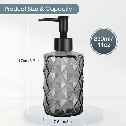 Miniatura 5 de Topsky Paquete de 2 dispensadores de jabón de vidrio con bomba de plástico negro, dispensador de jabón líquido de manos de 11.2 fl oz, bomba a