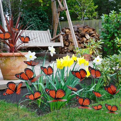 Miniatura 7 de Vicenpal 200 estacas de mariposa monarca, mariposa monarca para el día de los muertos, adornos de jardín impermeables, 4 tamaños diferentes