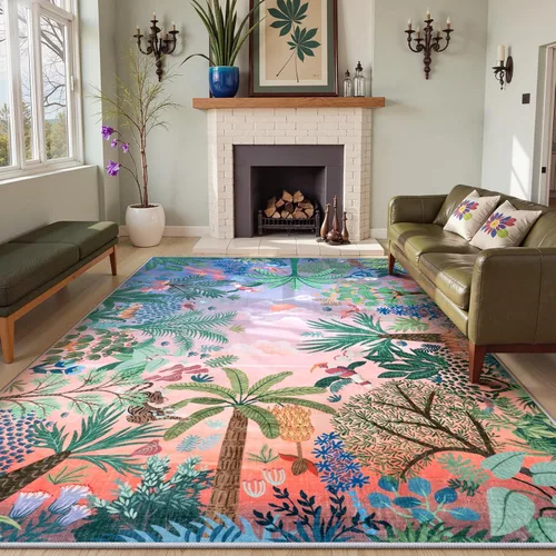 Miniatura 11 de LIVEBOX Alfombra lavable con estampado de animales de la jungla de 5 x 7 pies en azul para sala de estar, alfombras antideslizantes para dormitorio