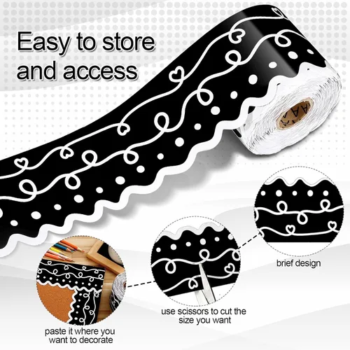 Miniatura 5 de Eaasty Tablero de anuncios en blanco y negro de 69 pies, para decoración de aula, tablero de anuncios, papel colorido festoneado troquelado