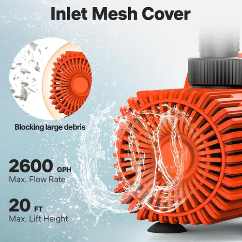 Miniatura 2 de DOKO Bomba de agua sumergible de 2600 GPH, bomba de estanque de alto flujo de 200 W con altura de elevación de 20 pies y cable de alimentación de 20