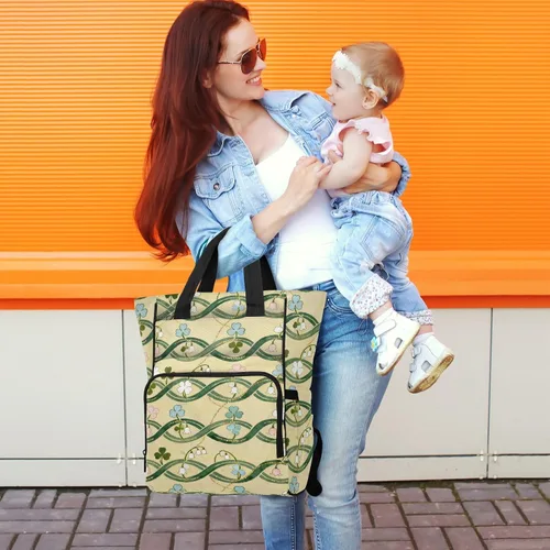 Miniatura 5 de Floral Pattern Diaper Bag Backpack, Multi-Pocket Nylon Tote with Shamrock Design, 11x6x15 Inches, Cream and Green, for Travel and Baby Care