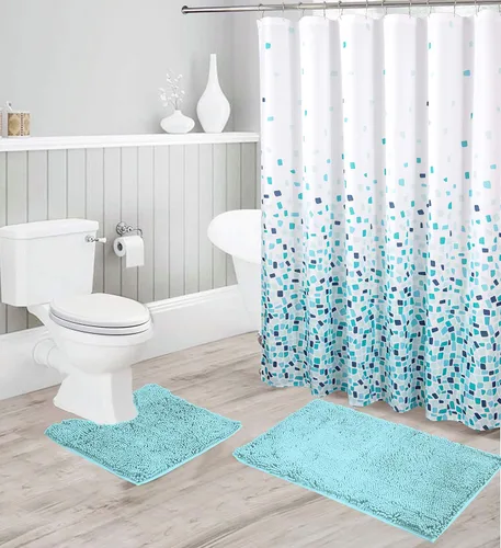 Linen Plus - Juego de baño que incluye tapete de baño de felpilla suave antideslizante, tapete de contorno, cortina de ducha y ganchos de acero