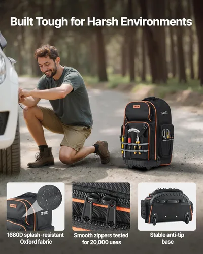 Miniatura 3 de VEVOR Mochila para herramientas rodantes, capacidad de carga de 110 libras, 72 bolsillos, bolsa de herramientas resistente sobre ruedas, mango