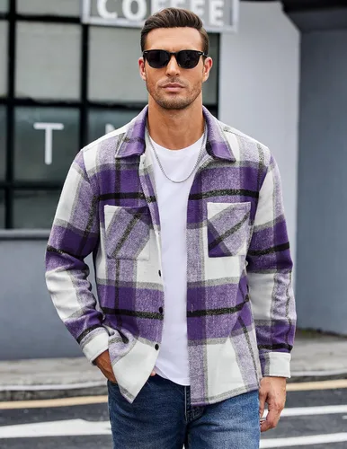 Miniatura 2 de COOFANDY Camisas de franela para hombre, casual, con botones, a cuadros, chaqueta de manga larga, chaqueta de forro polar con bolsillos