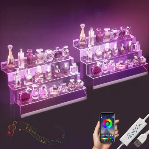 Miniatura 11 de Organizador de Exhibición de Acrílico de 12" con Luz LED - Soporte de Perfume de 3 Niveles y Estantes Escalonados de Exhibición, Organizador