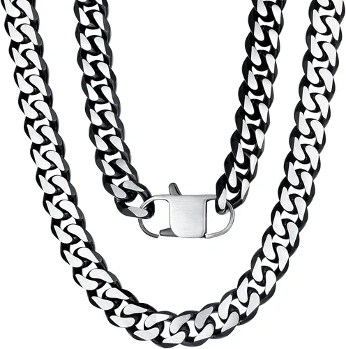 Miniatura 27 de YAMI Cadena de eslabones cubanos para hombre, azul/negro/oro de 14 quilates, acero inoxidable de 0.394-0.472 in de grosor, collar de cadena