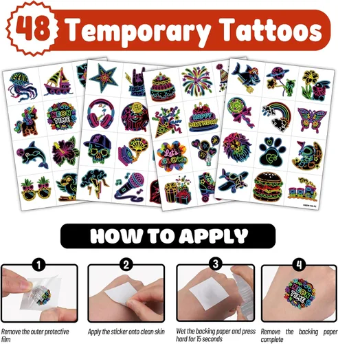 Miniatura 6 de 72 piezas de recuerdos de fiesta de neón, 48 tatuajes temporales precortados y 24 globos de neón con temática de decoración de fiesta de cumpleaños
