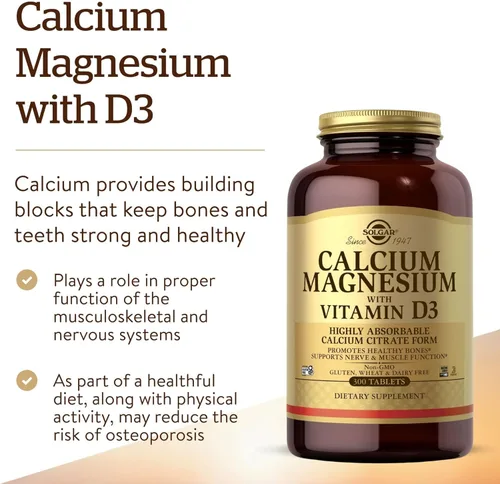Miniatura 3 de Solgar Calcio y Magnesio con Vitamina D3, 300 Tabletas - Promueve Huesos Saludables, Apoya la Función Nerviosa y Muscular - Forma Altamente