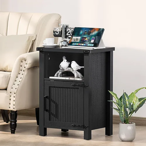 Miniatura 8 de Joaxswe Mesita de noche rústica de 18 pulgadas con estación de carga y puerto USB, mesa auxiliar rústica para sofá con puerta magnética, mesas Negro