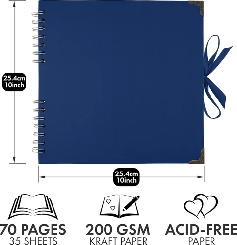 Miniatura 2 de Bstorify Álbum de recortes de 10 x 10 pulgadas, 70 páginas, protectores de esquina de papel kraft grueso azul, cierre de cinta, ideal para tus