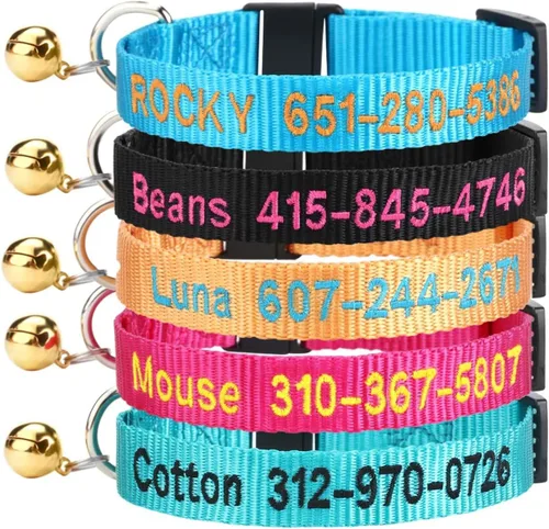 1 collar de gato personalizado con campana, collares de gato personalizados con nombre y número de teléfono, collar de identificación bordado de