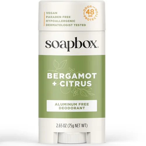 Soapbox Desodorante natural sin aluminio, con aroma a bergamota y cítricos, no tóxico y vegano para uso diario, ingredientes limpios libres de