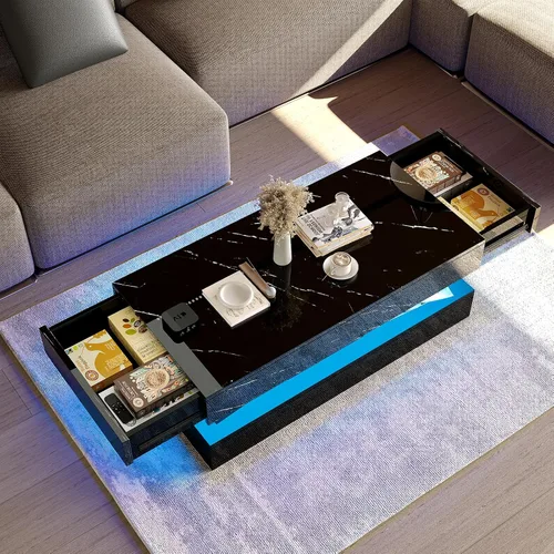 Miniatura 5 de HOMFAMILIA - Mesa de café LED con 2 cajones de almacenamiento, mesa de café moderna de alto brillo en negro con luces LED de 20 colores, mesa