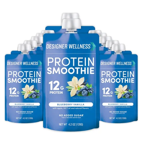 Designer Wellness Batido de proteínas, vainilla de arándanos, 0.44 oz de proteína de suero, aperitivo de batido de fruta real, sin azúcar añadido,