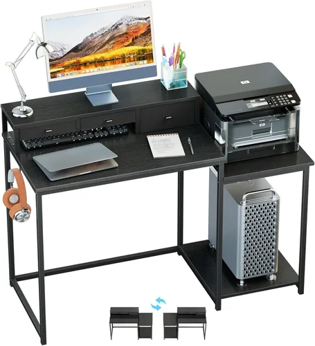 SINPAID Escritorio para computadora de 47 pulgadas con estante para impresora, escritorio de juegos con soporte para monitor y cajones, escritorio