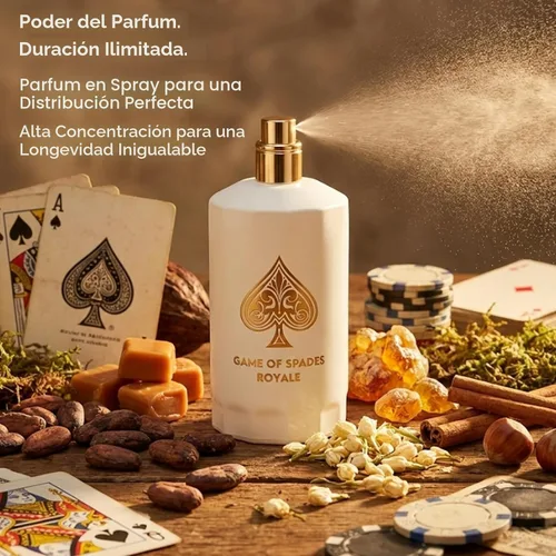 Miniatura 6 de Jo Milano Game of Spades Royale Parfum Spray 3.4 oz (3.4 fl oz) Madera Oud, ámbar, almizcle, floral y aroma a caramelo, fragancia de larga