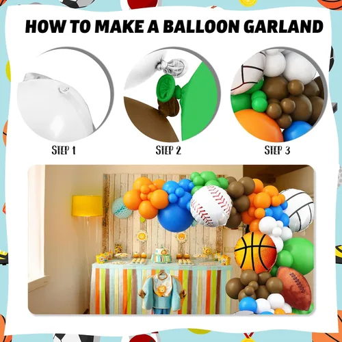 Miniatura 7 de Kit de guirnalda de arco de globos deportivos, 115 piezas de globos de helio para fiestas deportivas de béisbol, fútbol soccer, baloncesto, fútbol