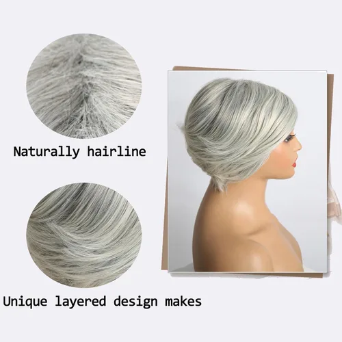 Miniatura 5 de Aisaide Peluca Corta de Corte Pixie Gris Platino con Flequillo de Cortina Bob para Mujeres - Peluca Sintética con Raya Lateral Despeinada