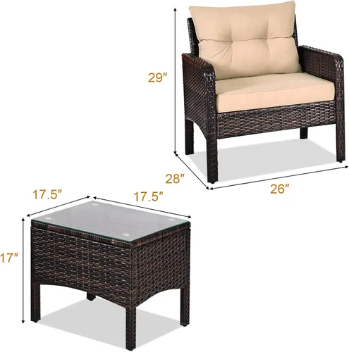 Miniatura 6 de KOTEK Juego de muebles de patio de 3 piezas, juego de muebles de mimbre para exteriores con 4 cojines, juego de muebles de ratán PE para todo tipo