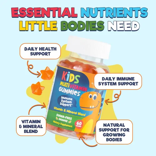 Miniatura 5 de Gomitas multivitamínicas para niños, sin azúcar, sabrosas gomitas de sabor a naranja, apoyo inmunológico diario con 100% vitamina B12, vitaminas